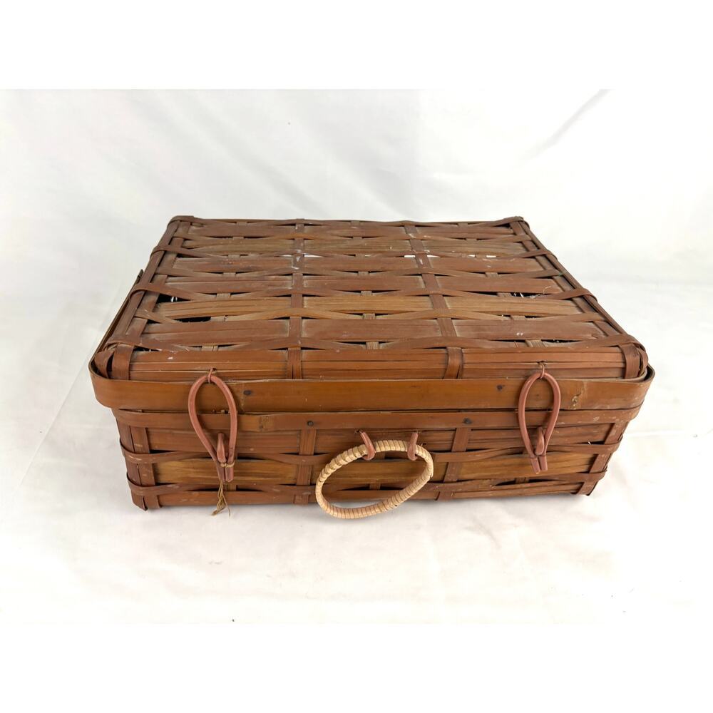 Vintage Handmade Split Bamboo Woven Suitcase Basket Brass Hinged Japan Made